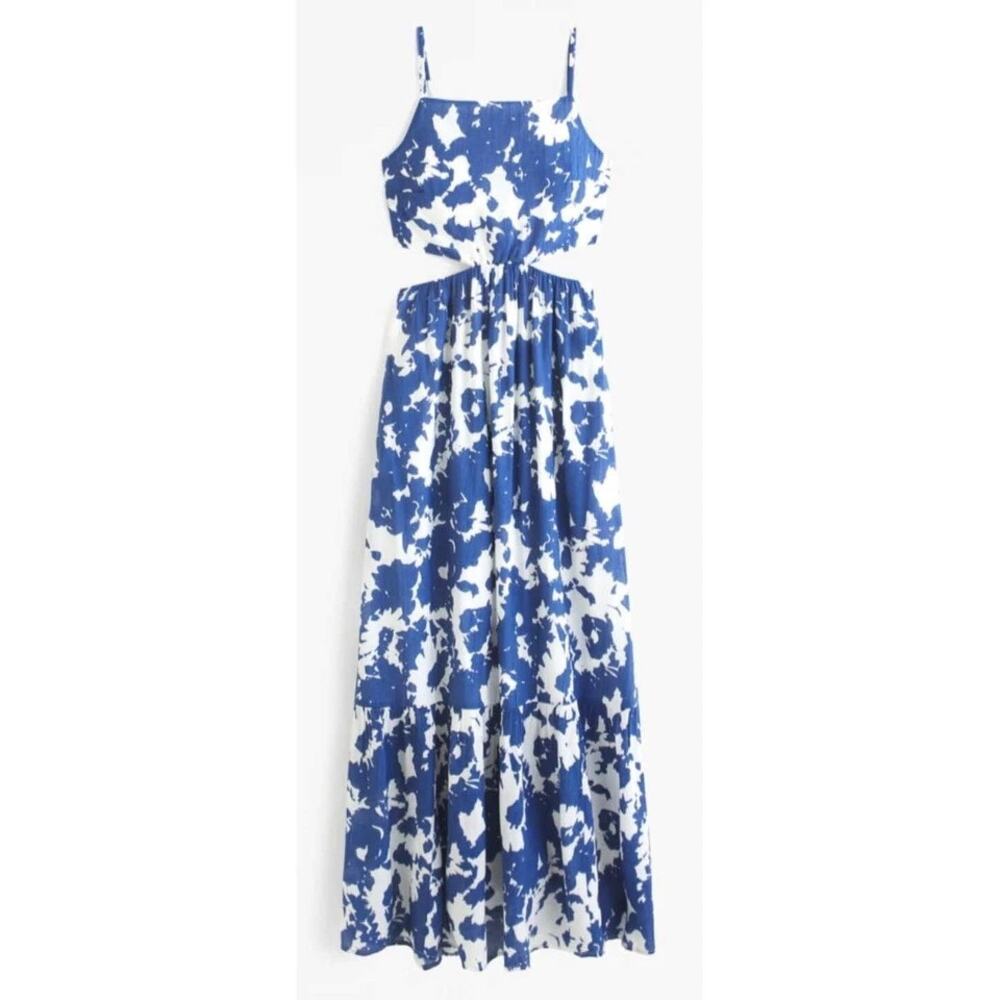 [Abercrombie & Fitch] Blue Crinkle Cutout High Neck Maxi Dress Pockets Size XLP